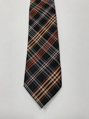 Bergamo New York Mens Classic Wide Plaid Necktie Black Orange Gray Tartan